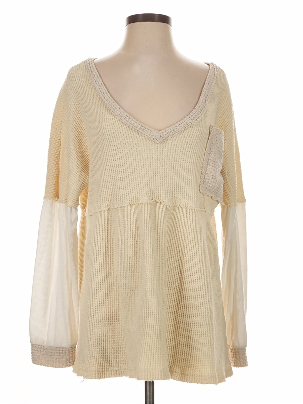 New: POL Cream White Mixed Textures V-Neck Knit Long Sleeve Boho Peasant Top• M